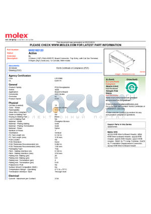 0022182123 datasheet - 2.54mm (.100) Pitch KK^ PC Board Connector, Top Entry, with Cat Ear Terminal, 0.50lm (20l