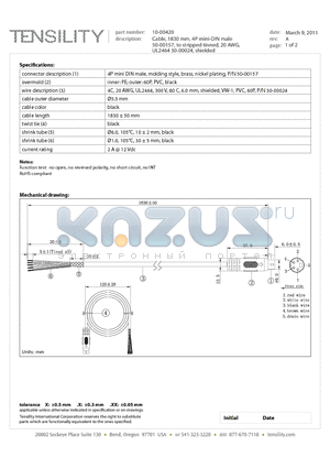 10-00420 datasheet - Cable, 1830 mm, 4P mini-DIN male 50-00157, to stripped tinned, 20 AWG