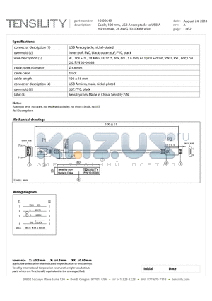 10-00649 datasheet - Cable, 100 mm, USB A receptacle to USB A micro male, 28 AWG, 30-00088 wire