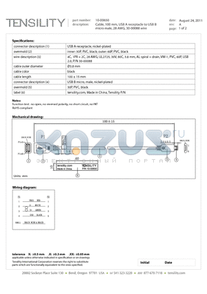 10-00650 datasheet - Cable, 100 mm, USB A receptacle to USB B micro male, 28 AWG, 30-00088 wire