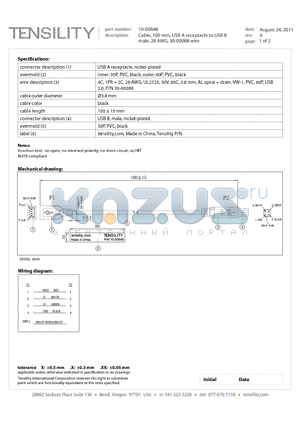 10-00648 datasheet - Cable, 100 mm, USB A receptacle to USB B male, 28 AWG, 30-00088 wire