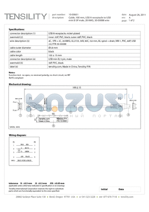 10-00651 datasheet - Cable, 100 mm, USB A receptacle to USB mini B 5P male, 28 AWG, 30-00088 wire