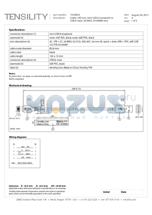 10-00652 datasheet - Cable, 100 mm, mini USB A receptacle to USB A male, 28 AWG, 30-00088 wire
