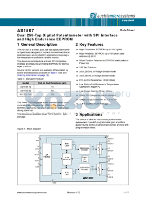 AS1507 datasheet - Dual 256-Tap Digital Potentiometer with SPI Interface and High Endurance EEPROM