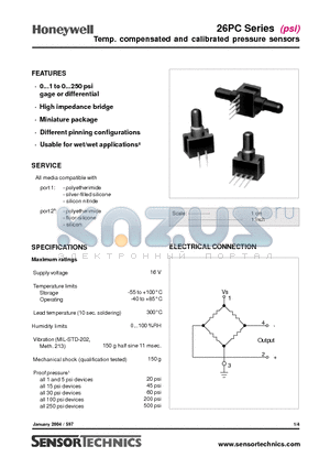 26PC0070G2A10 datasheet - Temp. compensated and calibrated pressure sensors