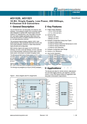 AS1520-BTST datasheet - 10-Bit, Single-Supply, Low-Power, 400/300ksps, 8-Channel A/D Converters