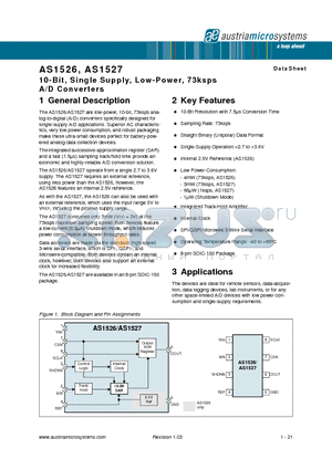 AS1526-BSOT datasheet - 10-Bit, Single Supply, Low-Power, 73ksps A/D Converters