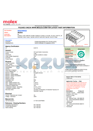 0022269022 datasheet - 2.54mm (.100) KK^ IDT Double Cantilever Contact, 2 Circuits, Tin (Sn), Feed-To, 24 Stranded, Solid, Fused, Topcoat, and 26 Fused and Topcoat, Green ID Strip