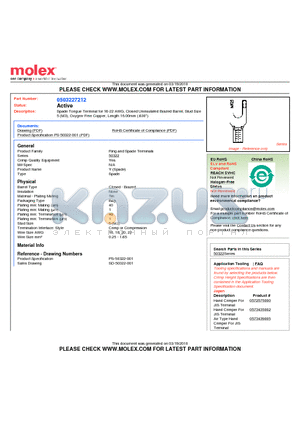 50322-7212 datasheet - Spade Tongue Terminal for 16-22 AWG, Closed Uninsulated Brazed Barrel, Stud Size(M3), Oxygen-Free Copper, Length 16.00mm (.630