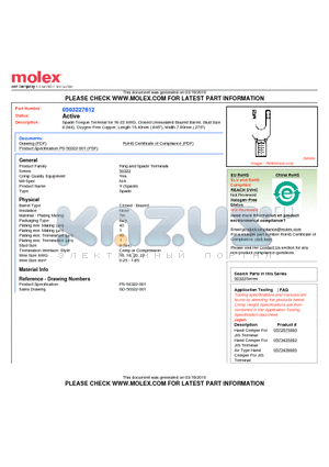 50322-7612 datasheet - Spade Tongue Terminal for 16-22 AWG, Closed Uninsulated Brazed Barrel, Stud Size8 (M4), Oxygen-Free Copper, Length 16.40mm (.646