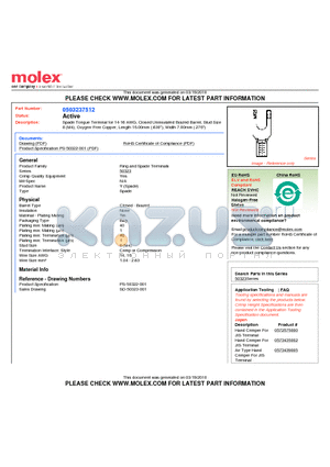 50323-7512 datasheet - Spade Tongue Terminal for 14-16 AWG, Closed Uninsulated Brazed Barrel, Stud Size8 (M4), Oxygen-Free Copper, Length 16.00mm (.630