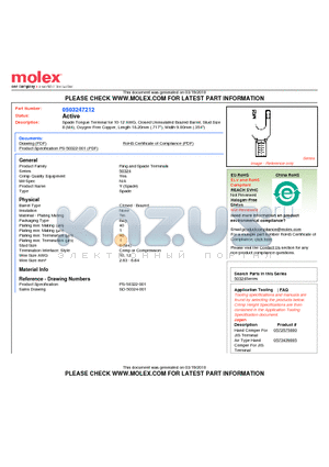 50324-7212 datasheet - Spade Tongue Terminal for 10-12 AWG, Closed Uninsulated Brazed Barrel, Stud Size8 (M4), Oxygen-Free Copper, Length 18.20mm (.717