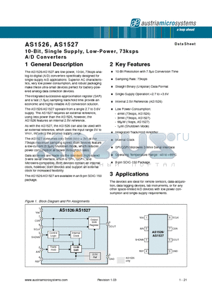 AS1527 datasheet - 10-Bit, Single Supply, Low-Power, 73ksps A/D Converters