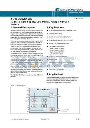 AS1536-BSOT datasheet - 12-Bit, Single Supply, Low-Power, 73ksps A/D Converters