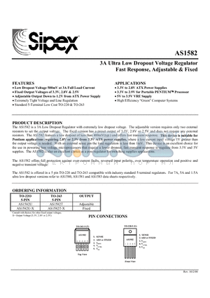 AS1582 datasheet - 3A Ultra Low Dropout Voltage Regulator Fast Response, Adjustable & Fixed