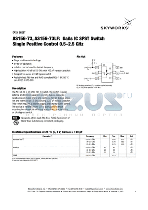 AS156-73LF datasheet - GaAs IC SPST Switch Single Positive Control 0.5-2.5 GHz