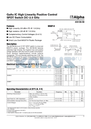 AS158-59 datasheet - GaAs IC High Linearity Positive Control SPDT Switch DC-2.5 GHz