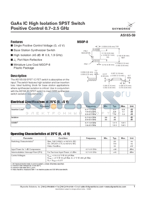 AS165-59 datasheet - GaAs IC High Isolation SPST Switch Positive Control 0.7-2.5 GHz