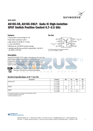 AS165-59 datasheet - GaAs IC High-Isolation SPST Switch Positive Control 0.7-2.5 GHz