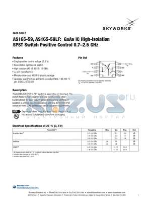 AS165-59LF datasheet - GaAs IC High-Isolation SPST Switch Positive Control 0.7-2.5 GHz