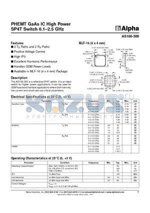 AS166-300 datasheet - PHEMT GaAs IC High Power SP4T Switch 0.1-2.5 GHz