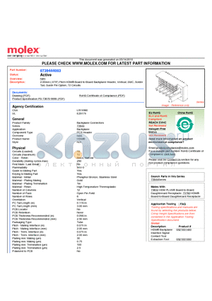 73944-4003 datasheet - 2.00mm (.079) Pitch HDM^ Board-to-Board Backplane Header, Vertical, SMC, Solder Tail, Guide Pin Option, 72 Circuits