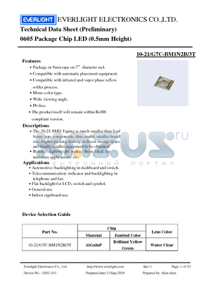 10-21/G7C-BM1N2B/3T datasheet - Technical Data Sheet (Preliminary) 0605 Package Chip LED (0.5mm Height)