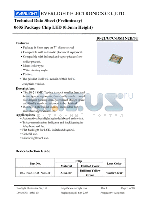 10-21-G7C-BM1N2B-3T datasheet - Technical Data Sheet (Preliminary) 0605 Package Chip LED (0.5mm Height)