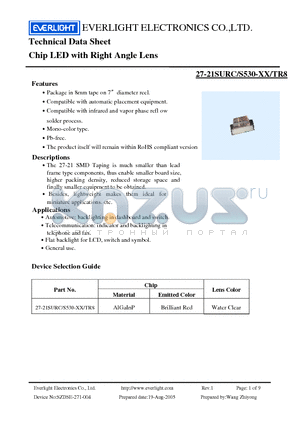 27-21SURC datasheet - Chip LED with Right Angle Lens