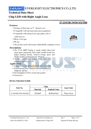 27-21SURC/S530-XX/TR8 datasheet - Chip LED with Right Angle Lens