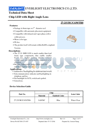 27-21UBC-C430-TR8 datasheet - Chip LED with Right Angle Lens
