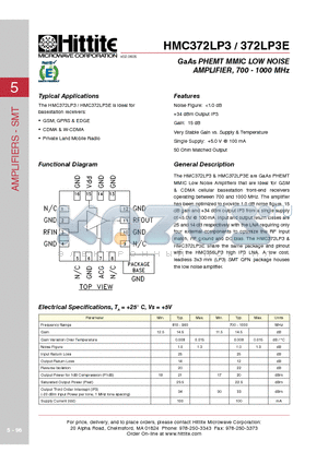 372LP3E datasheet - GaAs PHEMT MMIC LOW NOISE AMPLIFIER, 700 - 1000 MHz