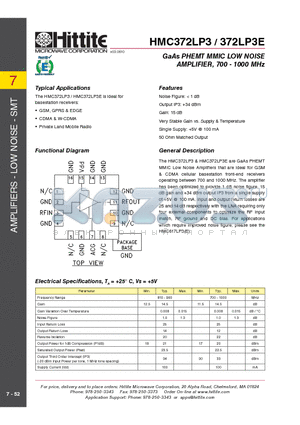 372LP3E datasheet - GaAs PHEMT MMIC LOW NOISE AMPLIFIER, 700 - 1000 MHz