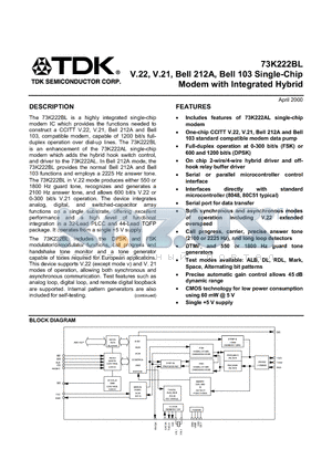 73K221AL datasheet - V.22, V.21, Bell 212A, Bell 103 Single-Chip Modem with Integrated Hybrid