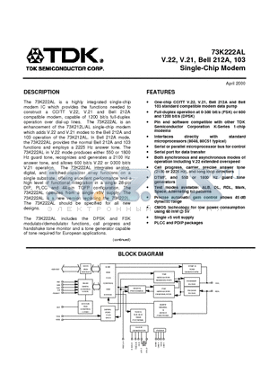 73K222AL-IP datasheet - V.22, V.21, Bell 212A, 103 Single-Chip Modem