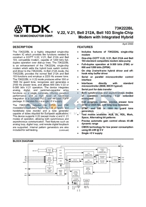 73K222BL-IGT datasheet - V.22, V.21, Bell 212A, Bell 103 Single-Chip Modem with Integrated Hybrid