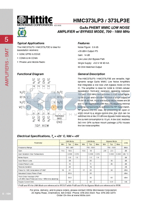 373LP3E datasheet - GaAs PHEMT MMIC LOW NOISE AMPLIFIER w/ BYPASS MODE, 700 - 1000 MHz