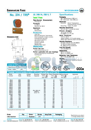 374 datasheet - SUBMINIATURE FUSES