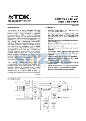 73K322L datasheet - CCITT V.23, V.22, V.21 Single-Chip Modem