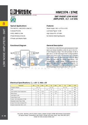 374E datasheet - SMT PHEMT LOW NOISE AMPLIFIER, 0.3 - 3.0 GHz
