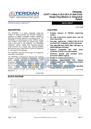 73K324BL-IHR/F datasheet - Single-Chip Modem w/ Integrated Hybrid