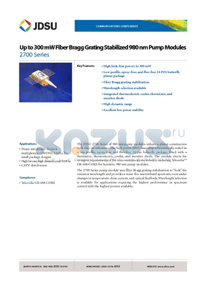 27-7602-200 datasheet - Up to 300 mW Fiber Bragg Grating Stabilized 980 nm Pump Modules