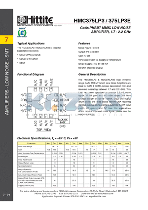 375LP3E datasheet - GaAs PHEMT MMIC LOW NOISE AMPLIFIER, 1.7 - 2.2 GHz