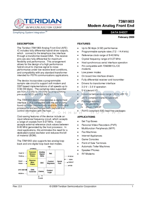 73M1903-IVT/F datasheet - Modem Analog Front End