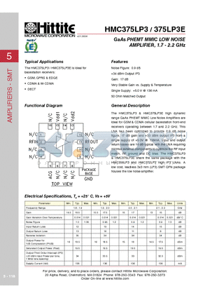 375LP3E datasheet - GaAs PHEMT MMIC LOW NOISE AMPLIFIER, 1.7 - 2.2 GHz