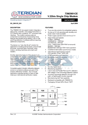 73M2901CE-IGV/F datasheet - Single Chip Modem