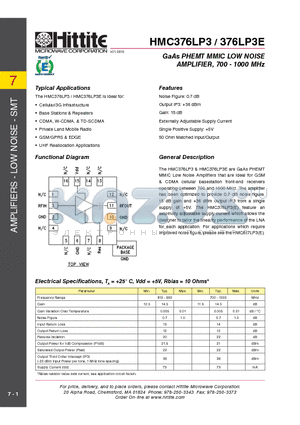 376LP3E datasheet - GaAs PHEMT MMIC LOW NOISE AMPLIFIER, 700 - 1000 MHz