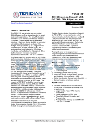 73S1215F datasheet - 80515 System-on-Chip with USB, ISO 7816 / EMV, PINpad and More
