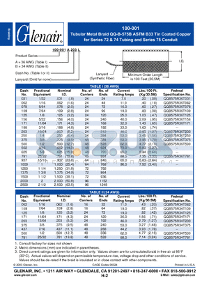 100-001A062L datasheet - Tubular Metal Braid QQ-B-575B ASTM B33 Tin Coated Copper for Series 72 & 74 Tubing and Series 75 Conduit