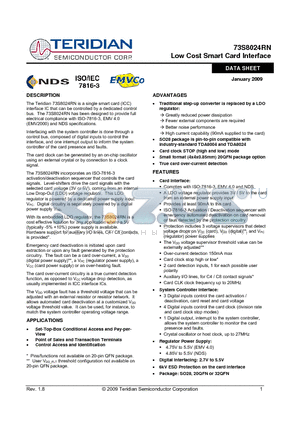 73S8024RN-32IMR/F datasheet - Low Cost Smart Card Interface